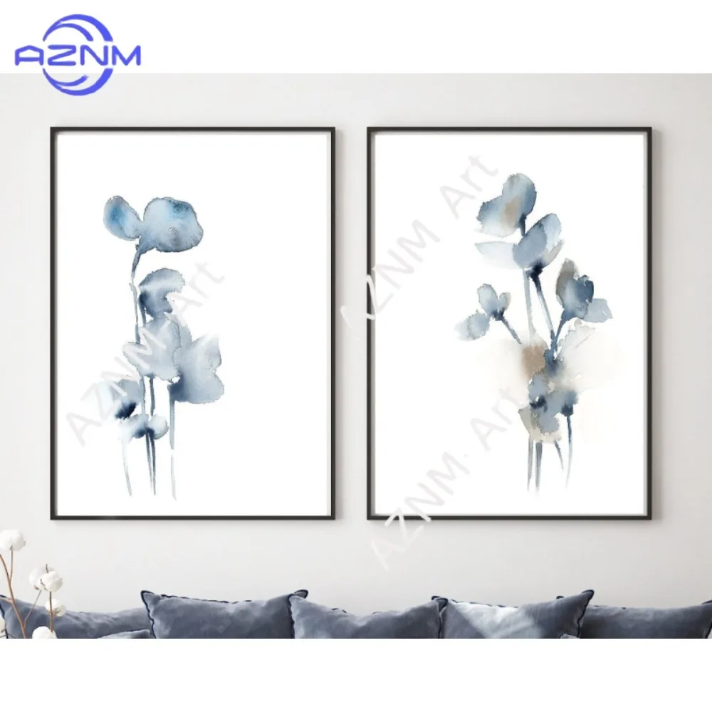 1/2 Stück Minimalistische Abstrakte Blumen-Wandkunst, Blumen-Aquarell-Gemälde-Set, Blaue Wanddekoration, Skandinavische Schlafzimmer-Wandkunstdrucke