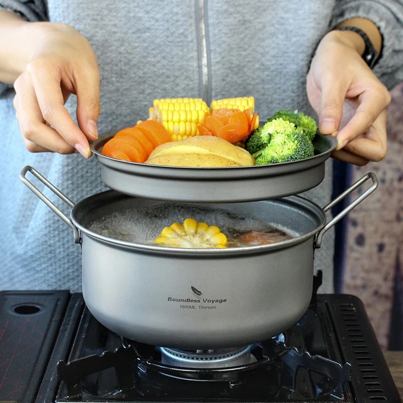 Ensemble de casseroles et de marmites en titane Boundless Voyage 1,8 L pour les voyages en plein air, les pique-niques, le camping - Kit de cuisine portable, marmite à soupe Ti2058C