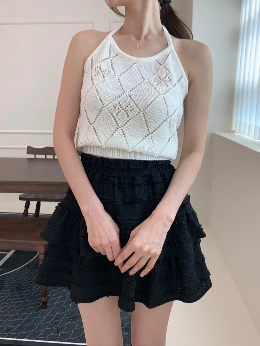 Chic Summer Sexy Bal Design Versatile Slimming Knitted Top Women's Hanging Ne  Ba Knot Weaving Upper Apparel