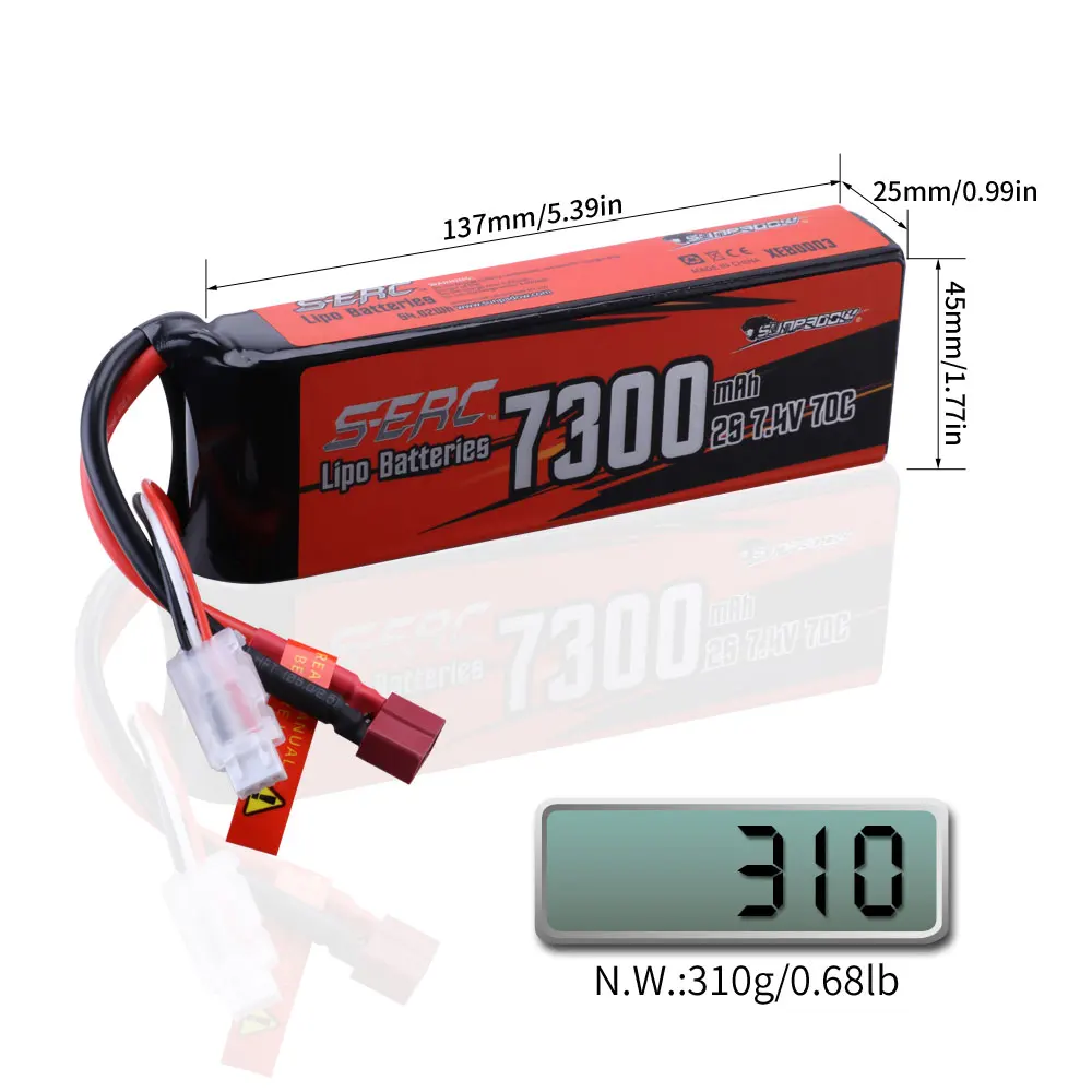 Sunpadow 2S Lipo 배터리, Deans T 플러그 소프트 팩, RC 차량, 트럭, 탱크 버기, 트러기 레이싱, 6000mAh, 7300mAh, 70C, 7.4V