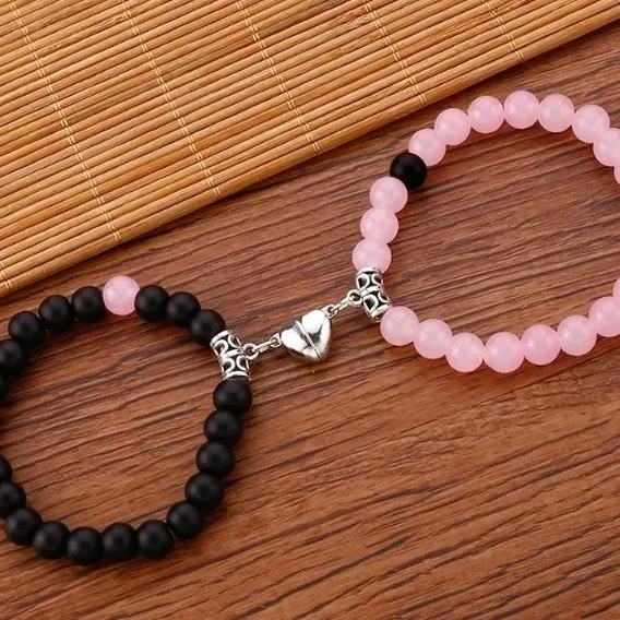Magnetic Heart Beaded Couple Bracelet Set, Unique Design Magnet Clasp, Women Men Fashion Jewelry Gift