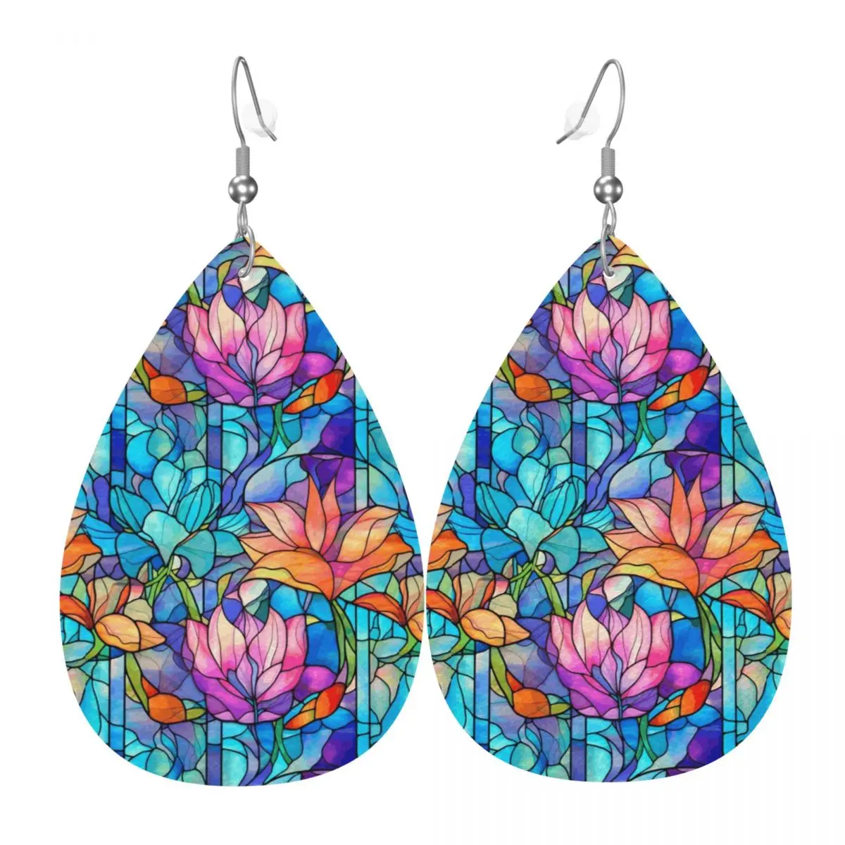 

Custom Mosaic Stained Glass Leather Teardrop Earrings for Women Leather Earrings Colorful Lightweight for Parties Holidays