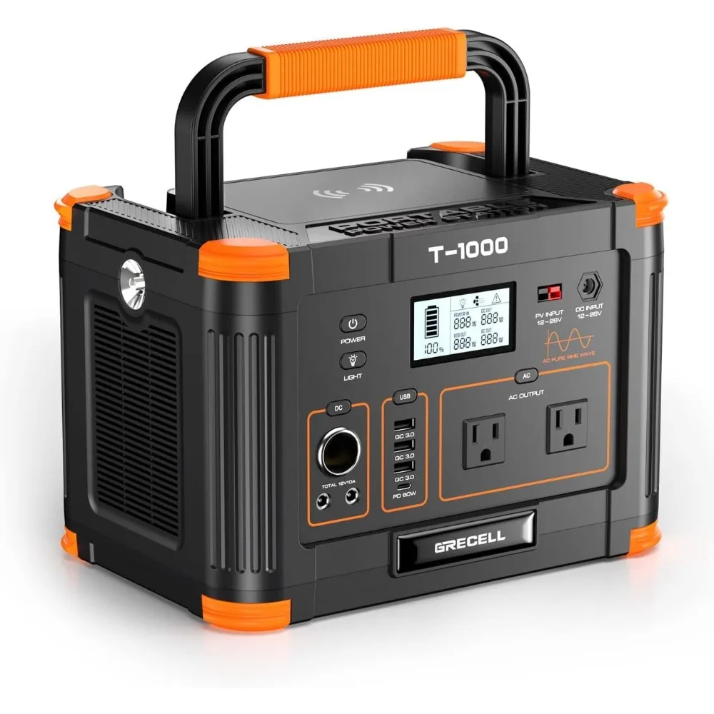 

Portable Power Station 1000W, GRECELL 999Wh Solar Powered Generator with 110V AC Outlet, PD 60W