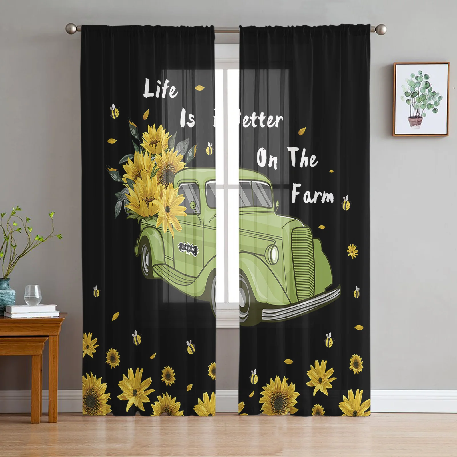 Farm Sunflower Green Truck Sheer Curtain for Living Room Hall Wall Dress Up  Home Window Supplies Pop Print Tulle Curtains