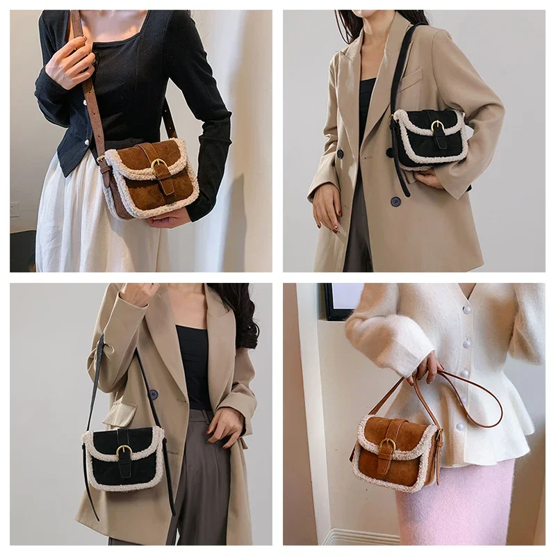 Bolsas quadradas monocromáticas de pelúcia feminina, bolsa de pelúcia, crossbody, couro de cordeiro, couro de cordeiro, pequenas, coreanas, outono, inverno, novas, 2023