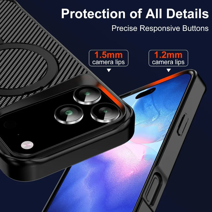 Etui na iPhone 17 Pro Max z magnetycznym stojakiem 360° [Kompatybilne z MagSafe] Ochronne etui z włókna węglowego + 2 sztuki szkła hartowanego