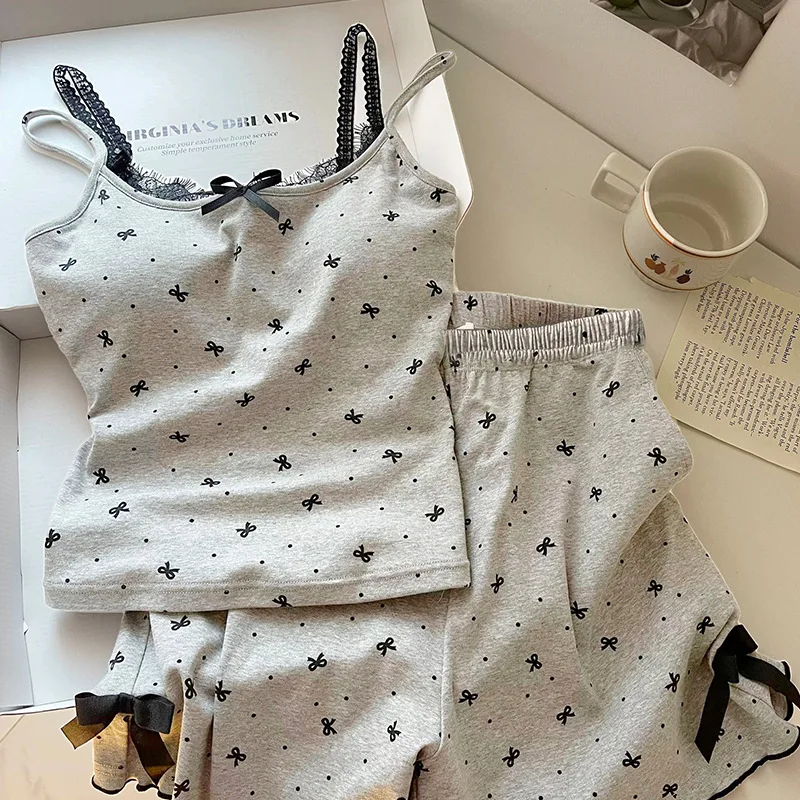 Summer Korean Version with Chest Cushion Lace Edge Sleepwear Suspender Set for Women's Outerwear and Home Wear