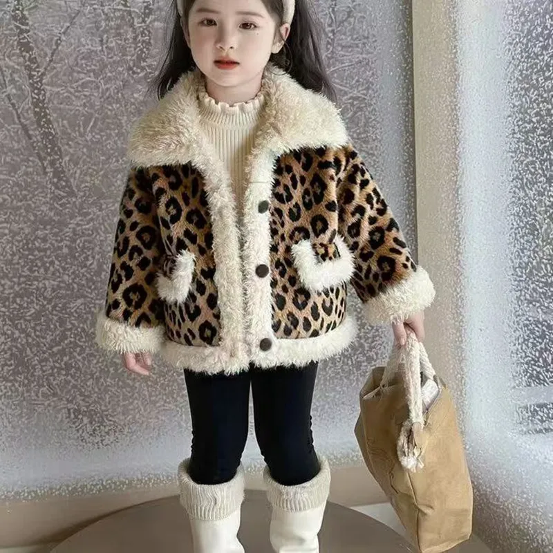 

Girls' Leopard Print Jacket Children's New Style With Added Velvet and Thick Insulation Trendy Korean Version Jacket