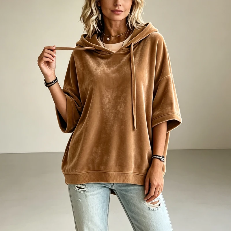 2026 Autumn Streetwear Tee Top Velvet Hooded Poncho Top Loose Fit Three Quarter Sleeve Drawstring Casual Pullover Blouse