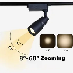 5/7/10/12W 8 to 60 Degree Beam Angle Adjusted Zoomable LED Track Light, Black Narrow Beam Ceiling Zooming Spot Picture Lighting