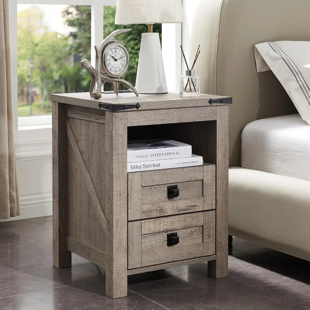 Nightstand wtih Charging Station, End Table, Side Table with 2 Drawers Storage Cabinet for Bedroom, Living Room,Farmhouse Design