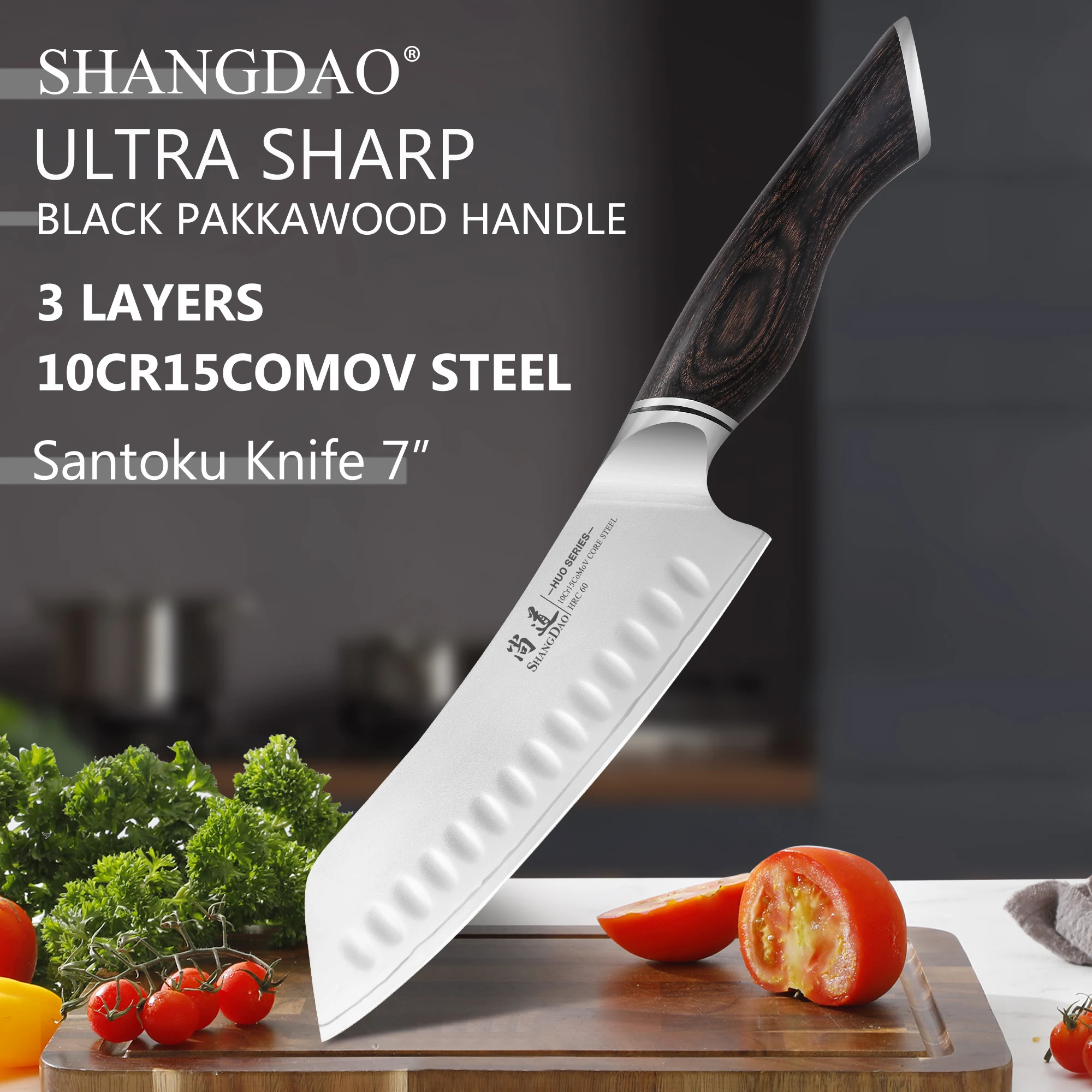 

SHANGDAO High Carbon 10Cr15CoMoV Alloy Steel ,7 Inch Kitchen Santoku Knife,Professional Slicing Knife with Pakkawood Handle