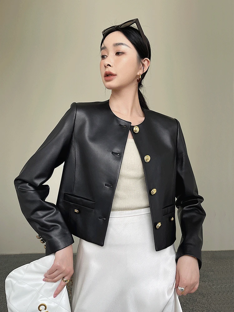 

Elegant O-neck Genuine Leather Jacket for Women Spring Autumn 2026 New High-end Simple Soft Slim Short Black Real Sheepskin Coat