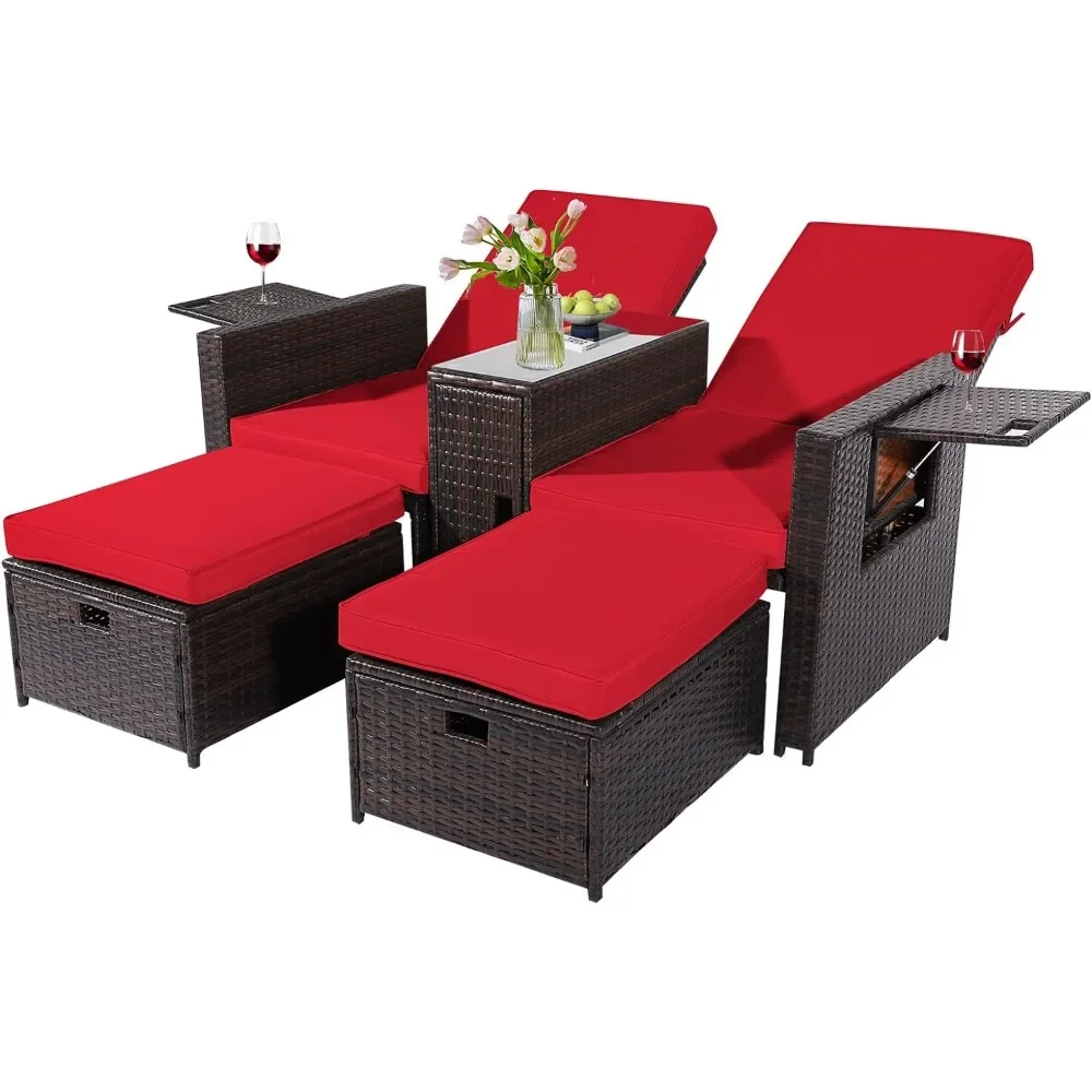 

Sun Lounger 5PCS, Outdoor Wicker Chaise Lounge Chairs, Rattan Adjustable Reclining with Ottoman and Coffee Table, Sun Loungers