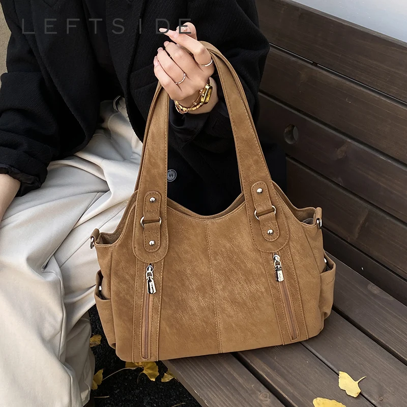 

LEFTSIDE Leather Tote Bag Stylish Practical Shoulder Bag with Zipper Pockets Women's 2025 New Trend Casual Purses and Handbags