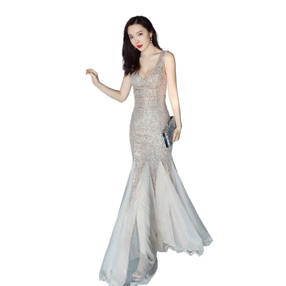 

Sexy Double V-neck Sequined Mermaid Long Formal Evening Dress