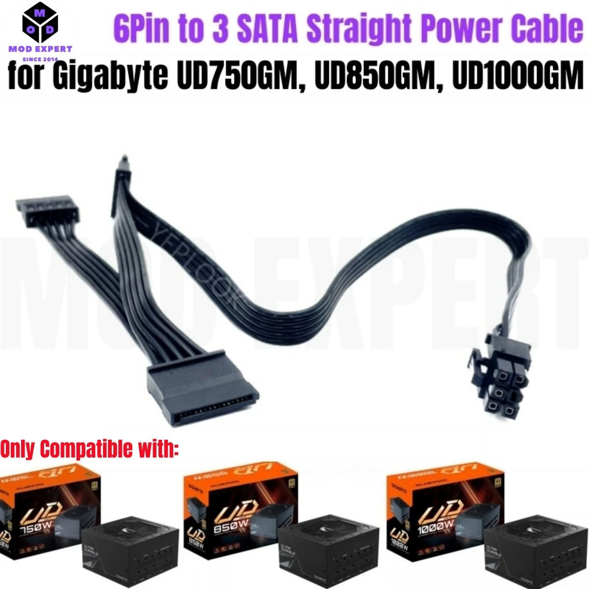 

6Pin to 3x SATA Male Straight, HDD SSD Power Supply Cable for Gigabyte GP-UD750GM, GP-UD850GM, GP-UD1000GM Gold Modular Power