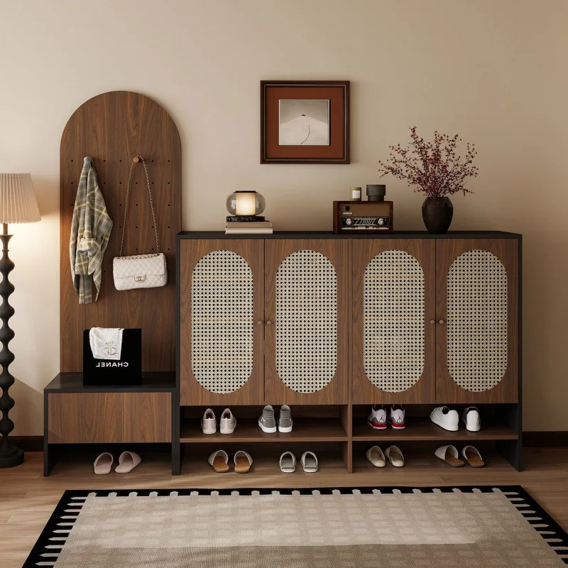 Solid wood retro rattan shoe cabinet, home entrance cabinet, multi-layer against the wall, large-capacity storage coat rack