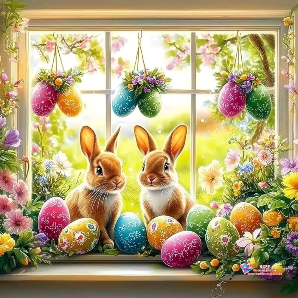 Easter Bunnies with Decorated Eggs 5D DIY Diamond Painting Set with Square and Round Diamonds Handmade Crafts Home Decor Gifts.
