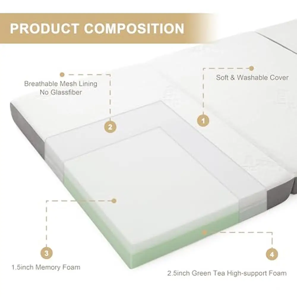 Portable Tri-fold Memory Foam Mattress Convertible Foldable Floor Bed with Bamboo Fiber Cover Ideal Camping Yoga Guest Bed