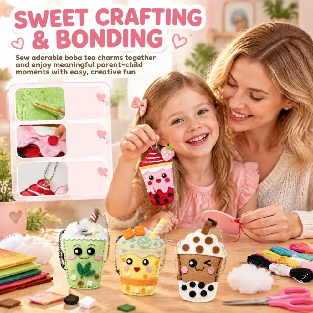Milk Tea Fabric with Holes DIY Sewing Kit Safety Stitch Beginners Kids Sewing Kit Toy Handmade Craft Set Doll Making