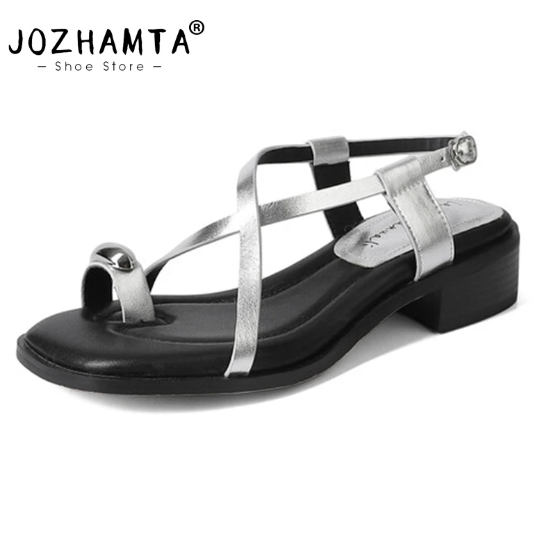 JOZHAMTA New Women Genuine Leather Sandals Low Heel Summer Buckle Slingback Casual Shoes Woman Sandals Size 34-40