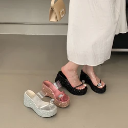 Silver Wedge Platform High Heels Slippers Pink Sequin 9cm Heeled Sandals Women Rhinestone Flip Flop Sandalias De Mujer