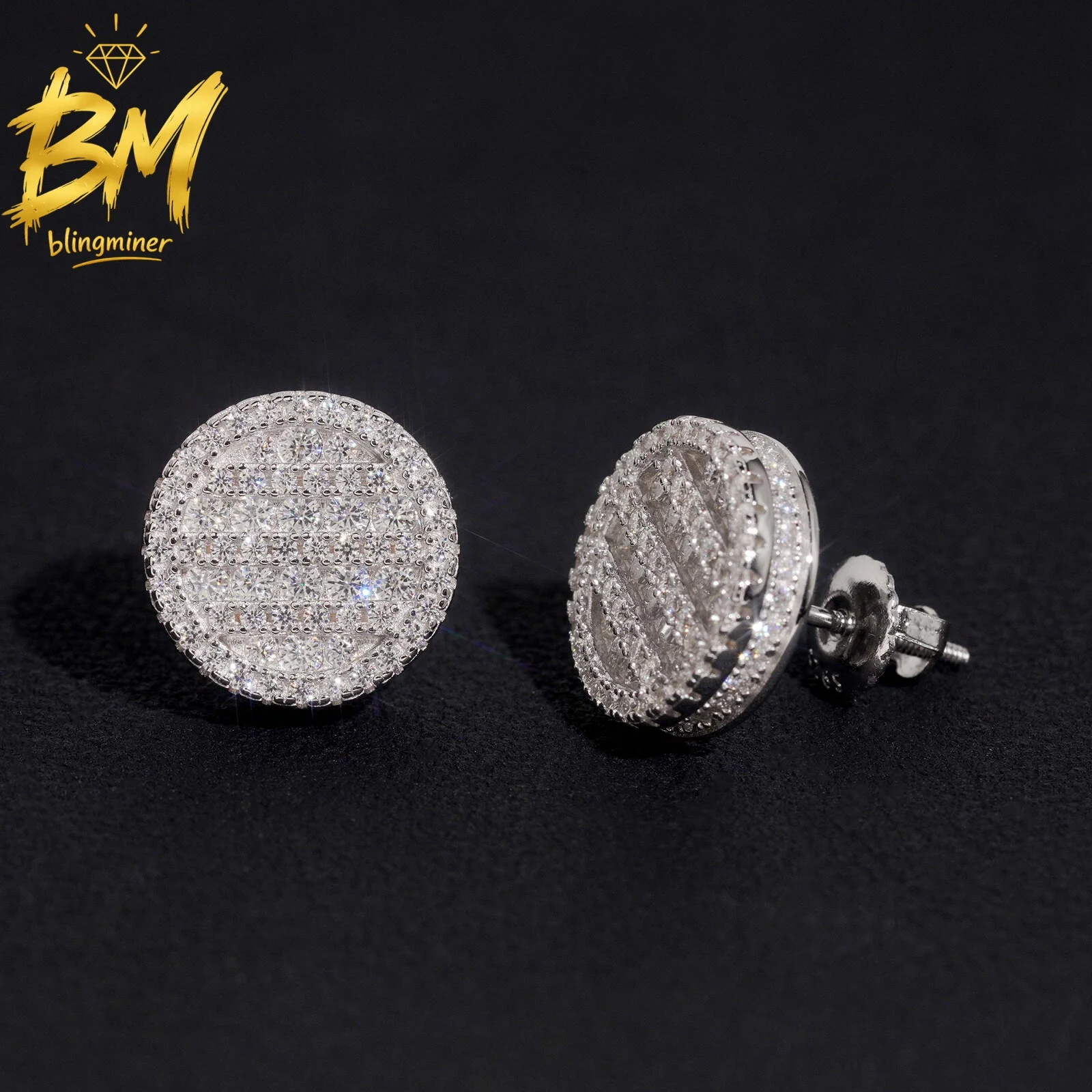 Blingminer Hip Hop 8MM Round VVS Moissanite Earrings For Men Women S925 Silver Ear Studs Jewelry Pass Diamonds Tester Free Shipp