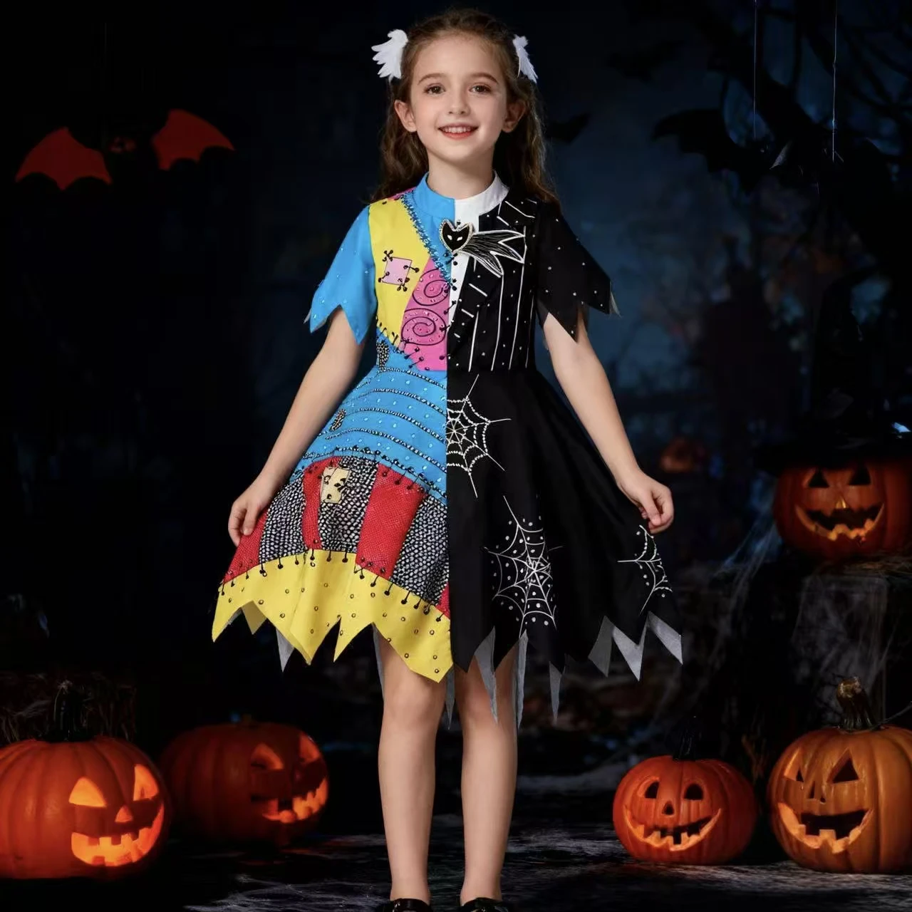 

Girls Sally Cosplay Costume Dress Kids Horror Spirit Printed Dress For Toddler Kids Halloween Carnival Party Dress Up Outfit