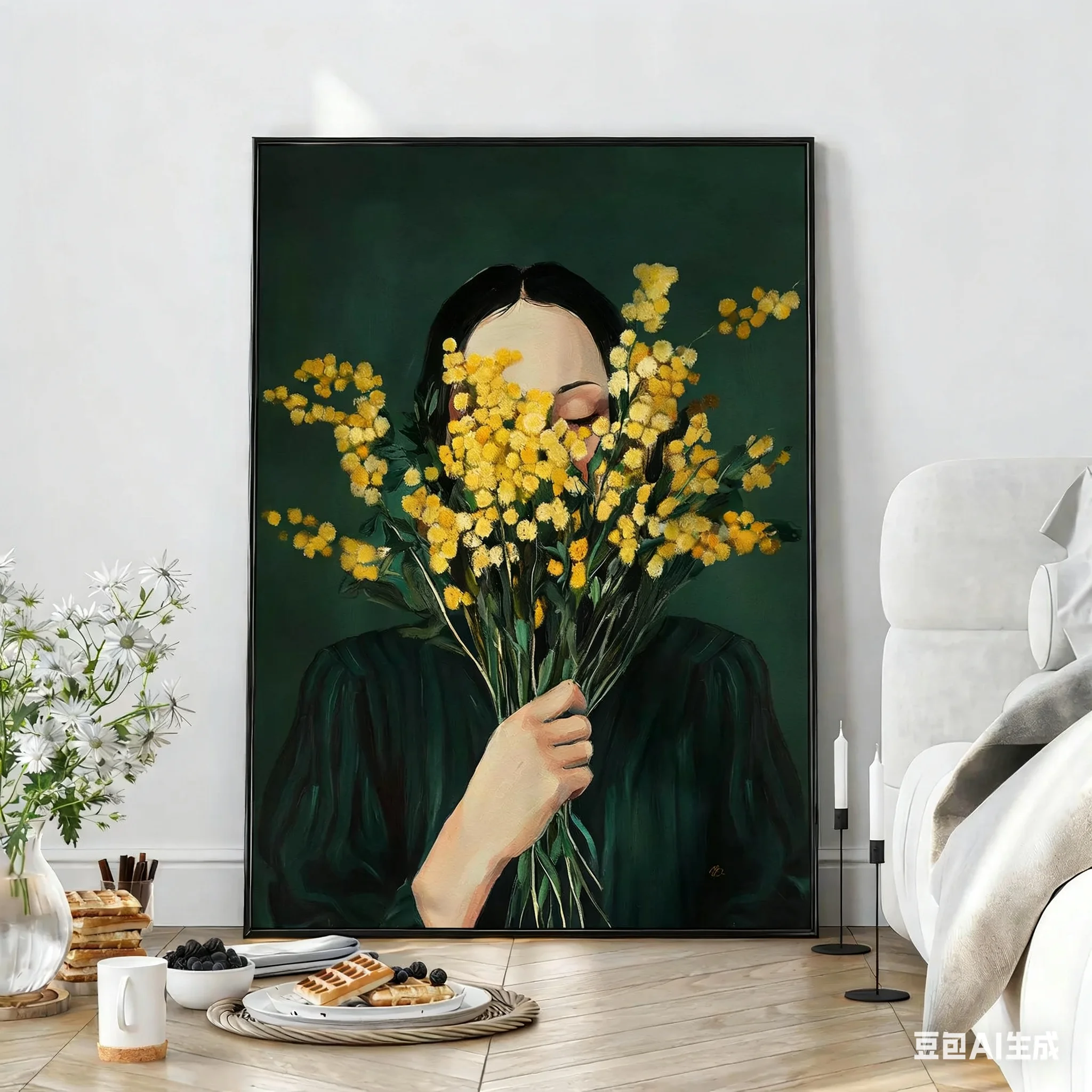 Emerald Green Woman with Mimosa Flowers Wall Art Print: Minimalist Japandi Portrait Wall Decor for Home