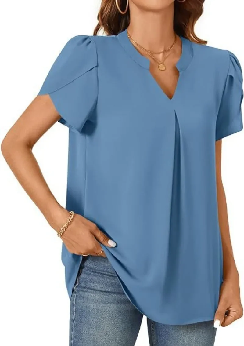 

New Spring and Summer Minimalist and Fashionable Petal Sleeve Shirt for Women's Solid Color V-neck Pleated Elegant Top