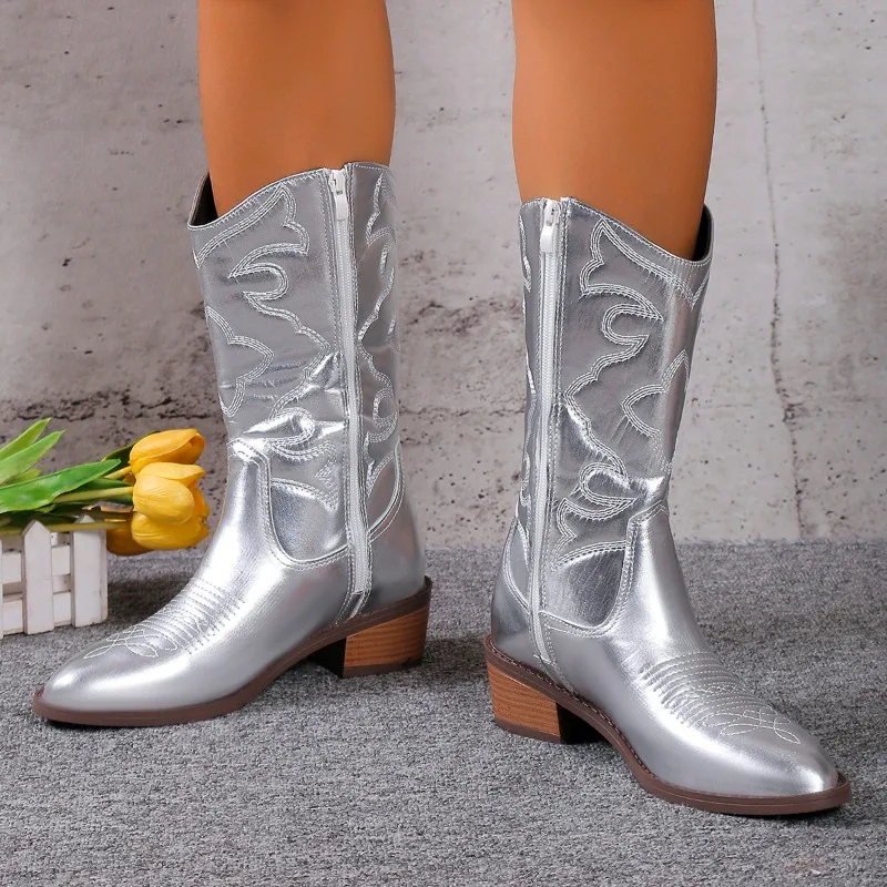 2024 Women\'s Cowboy Boots Embroidered Pointed Toe Thick Heel Ankle Western Boots Silver Tassel Cowgirl Women\'s Boots Zapatos