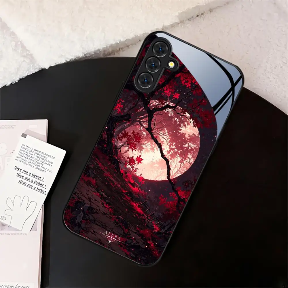 Red Maple Leaves Under a Full Moon Tempered Glass Phone Case For Samsung Galaxy S25 S24 S23 S22 S21 Ultra Protective Back Case