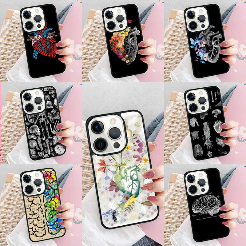 Vintage Anatomy Heart Cardiac Brain Nurse Phone Case Cover for iPhone 16 Promax 15 Pro 13 14 Plus 11 12 Mini XR XS MAX Coque