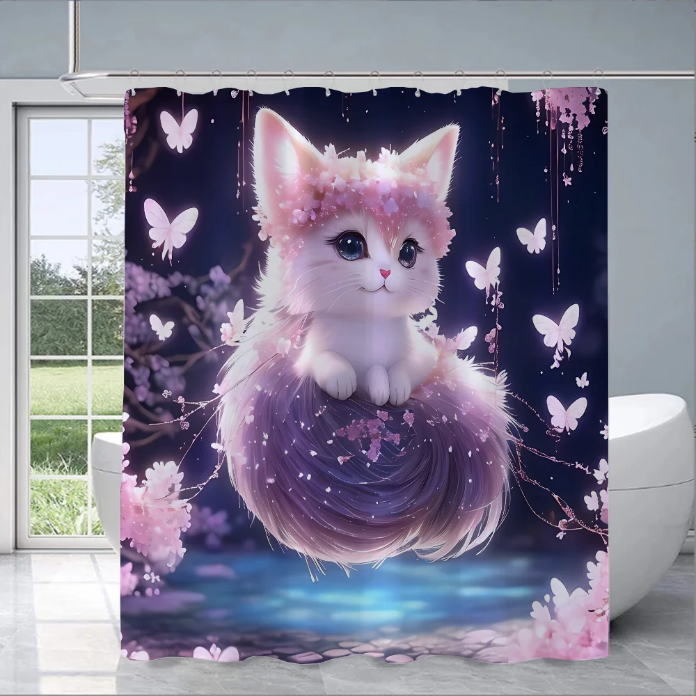 Kawaii Cat Shower Curtains for Bathroom Accessories Set Bath Curtain Bedrooms Folding Partition Things The Sets Full Luxury Home