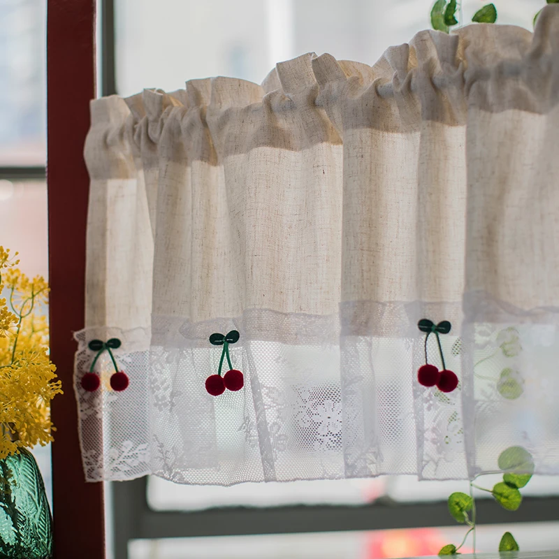 Cotton Linen Short Curtains for Kitchen, Bathroom, Cafe, Door Curtain with Strawberry, Ready Made Small Drapes, Window Decor