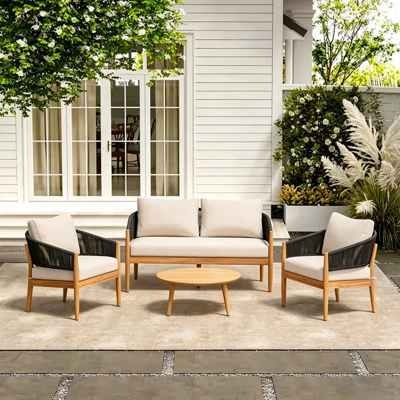 Cross-border Villa Outdoor Solid Wood Sofa Coffee Table Combination Courtyard Garden Hotel Terrace Outdoor Leisure Teak Sofa