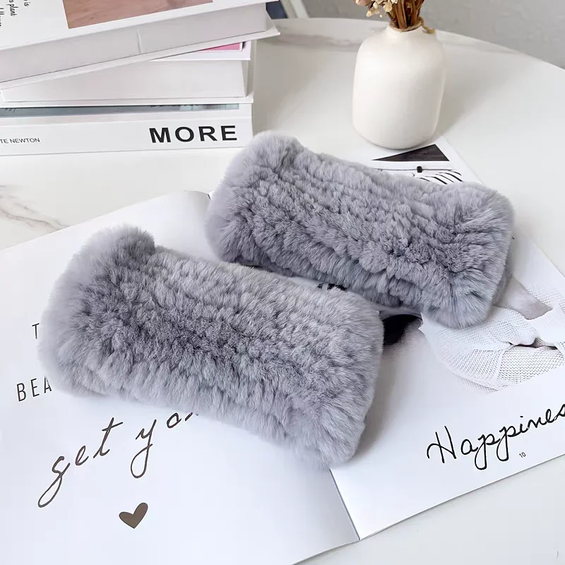 قفازات سميكة ودافئة من الفرو الحقيقي بدون أصابع قفازات مرنة من فراء أرنب ريكس الأصلي لفصل الشتاء #5