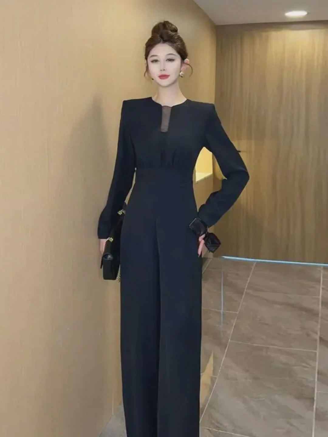 Damski kombinezon z wysokim stanem i szerokimi nogawkami, zestaw na jesień 2025, nowy, elegancki, do pracy, z włókna poliestrowego, długi garnitur ze spodniami.