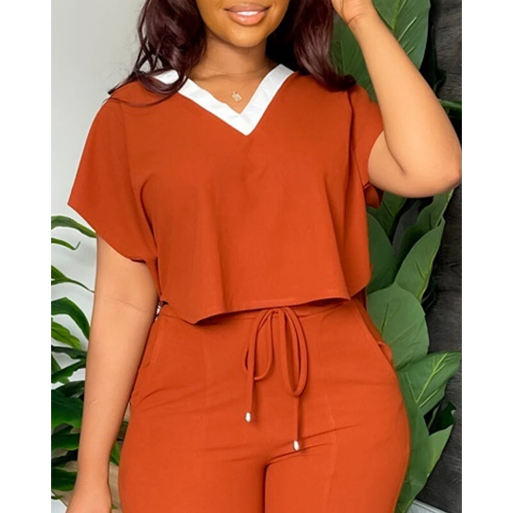 Summer Women Contrast Paneled V-Neck Short Sleeve T-shirt Top & High Waist Pants Set Causal Streetwear New In Suit 2024