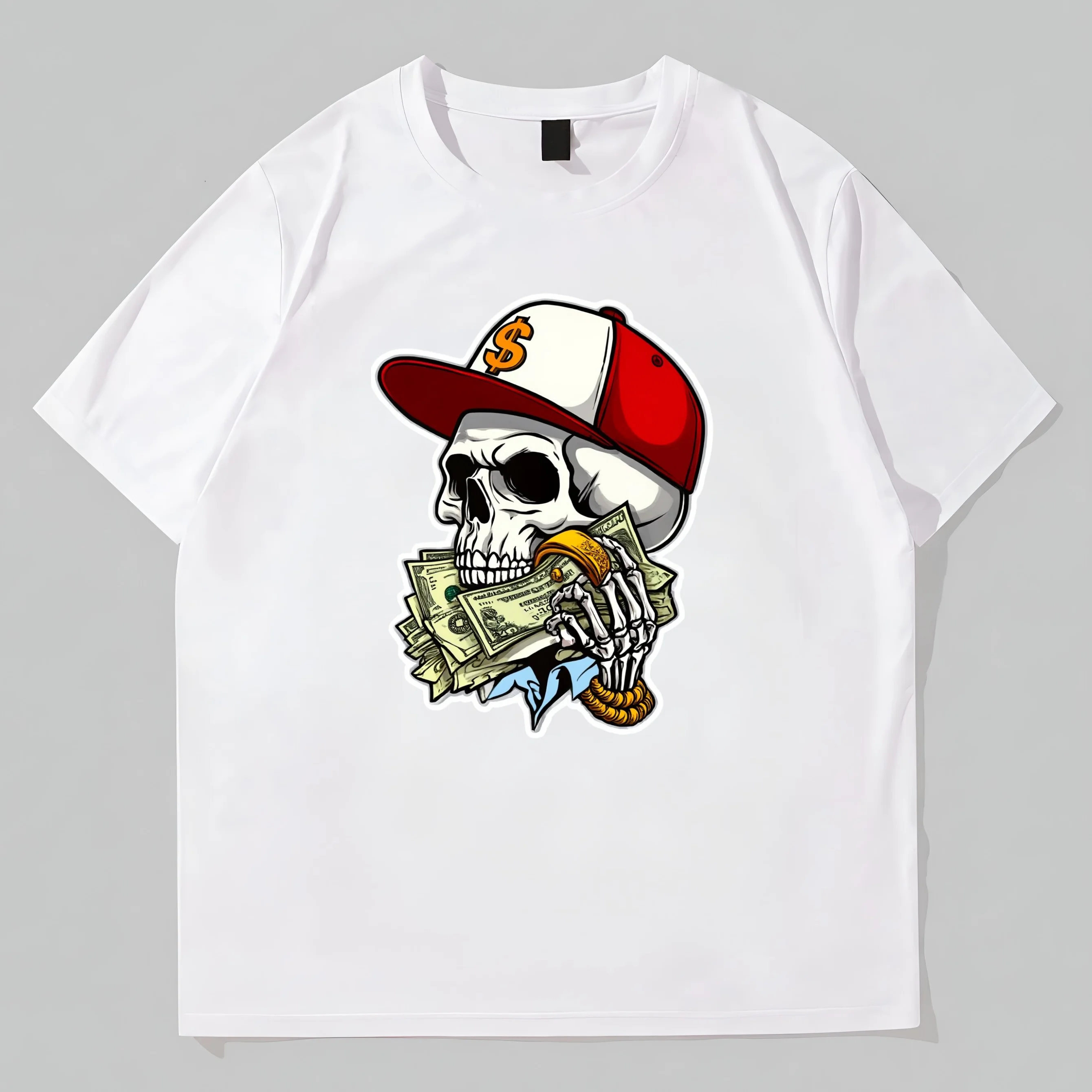 

Teevo White Round Neck T-Shirt with Skull Cap and Money Print for Casual Wear