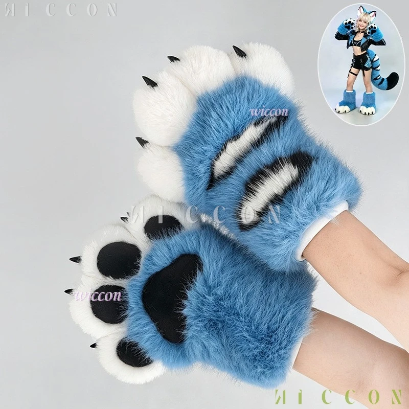 Derpyy Blue Tiger Fursuit Ears Tail Set Soft Faux Fur Messenger Tiger Beast Ears Cosplay Halloween Furry Convention Party view 5