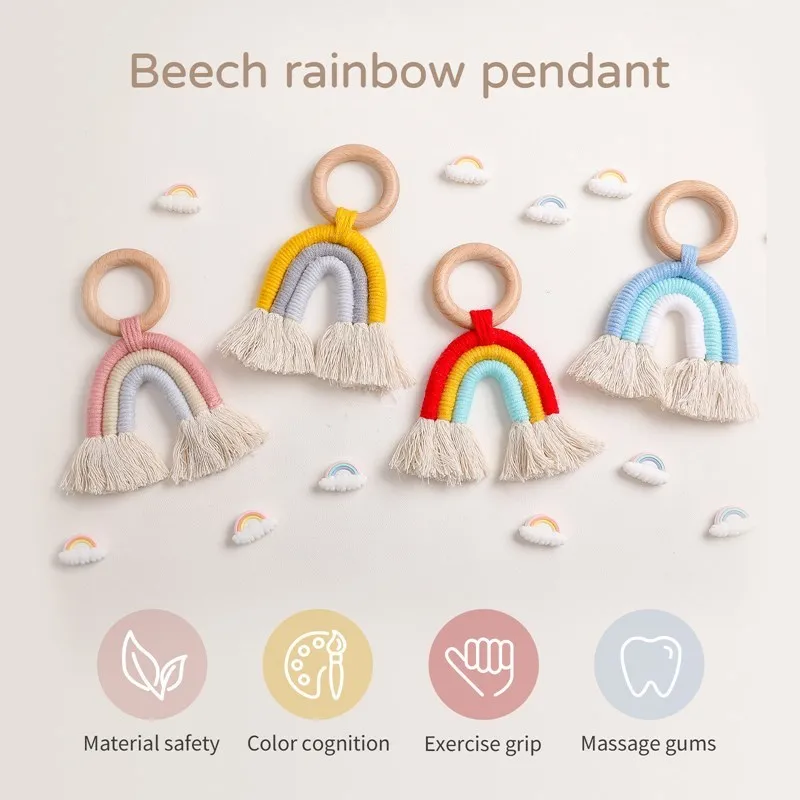 Baby Wooden Teether Rainbow Tassel Pendant Toy 1-12 Month Crib Ring Pendant Teethers Rodent For Newborn Educational Toys Gifts