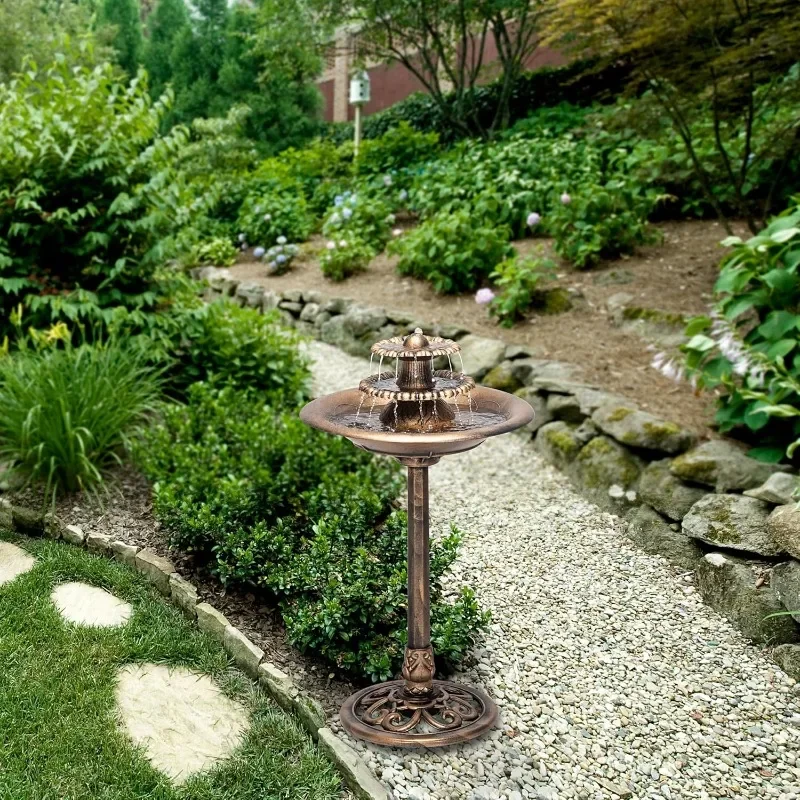 

TEC106-BZ Outdoor Floor 3-Tiered Pedestal Water Fountain with Birdbath, Vintage Waterfall, 35", Bronze