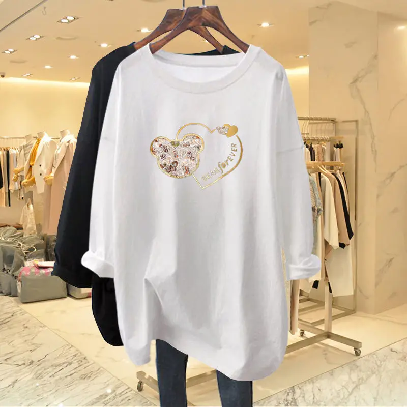 Women Clothing Fashion Cartoon Printing Basic T-shirt Spring Autumn New Casual Loose O-neck Long Sleeve Top Tees 35-100Kg