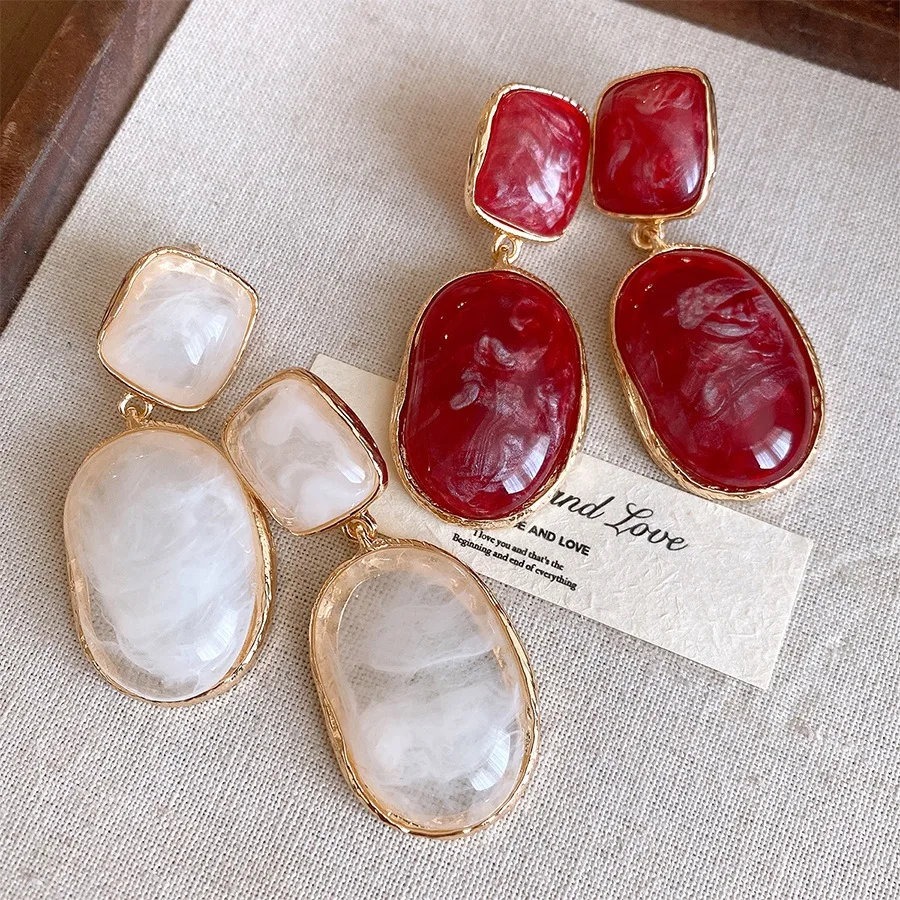 Gold Frame Resin Oval Drop Earrings Swirl Texture White Red Stone Dangle Earrings Retro Daily Women Statement Jewelry