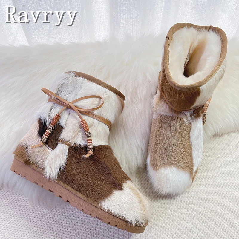 Winter New Fur Integrated Snow Boots Color Matching Beaded Straps Plat Bottom Ethnic Style Fur Women\'s Warm Shoes Footwear