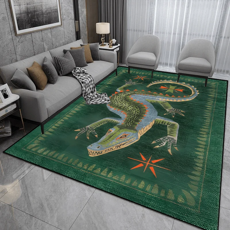 Mythical Green Lizard Dragon Print Area Rug, Tribal Crocodile Motif Floor Mat for Living Room Bedroom, Washable Aesthetic Carpet