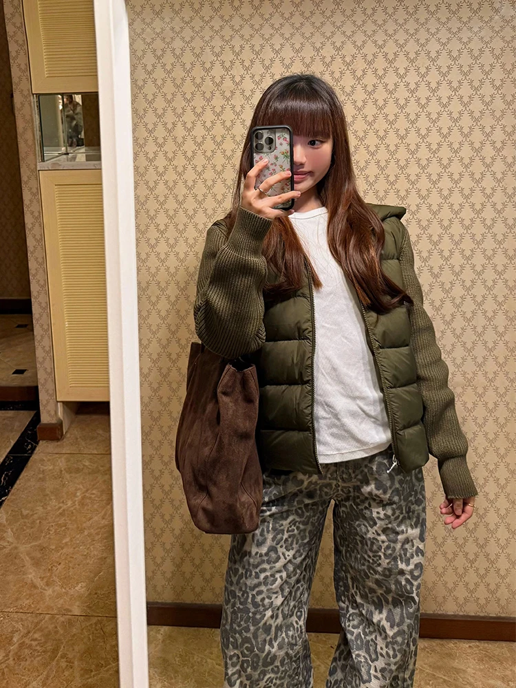 

Lightweight Knitted Hooded down Cotton Jaet Women's Sle 2025 New Winter Warm Cotton Coat Outerwear een Patchwork