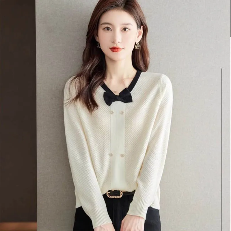 Women\'s Clothing Fashion V-neck Bow Knit Pullovers Spring Autumn Elegant Loose Long Sleeve Sweaters Office Lady Chic Button Tops